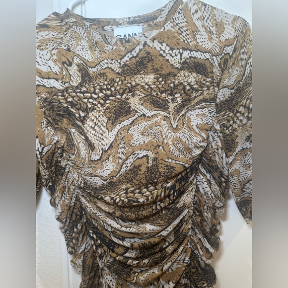 Ganni Printed Mesh Mini Dress in Brown Size 36 - Picture 6 of 8